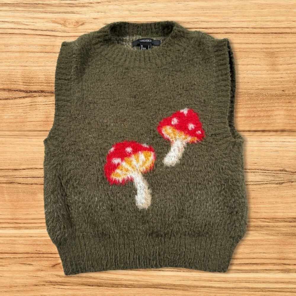 Forever 21 Fuzzy Mushroom Eyelash Knit Mock Neck Sweater Vest Green Small - Picture 3 of 8
